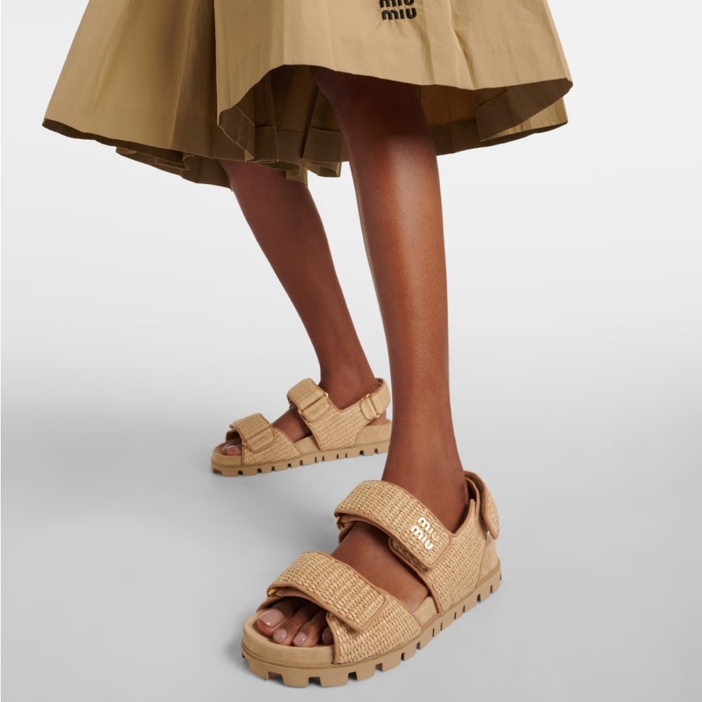 Miu Miu Beige Raffia Dad Sandals